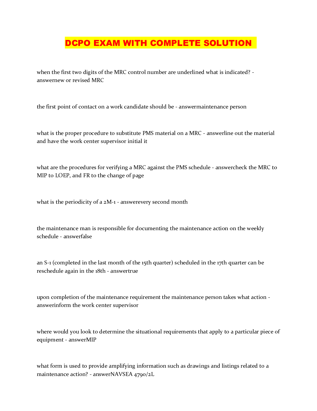 Preview image of DCPO EXAM WITH COMPLETE SOLUTION document